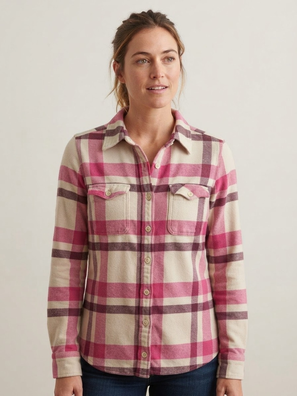 Patagonia Sz 4 Organic Cotton Flannel Pink Plaid Button Front Shirt